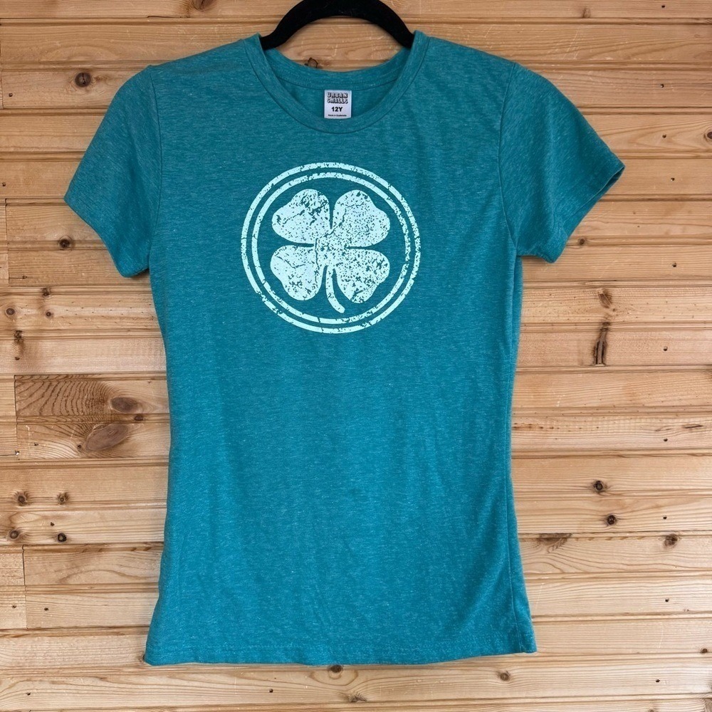 Four Leaf Clover Graphic Tee by Urban Smalls Teal Green Youth 12 Shamrock Irish